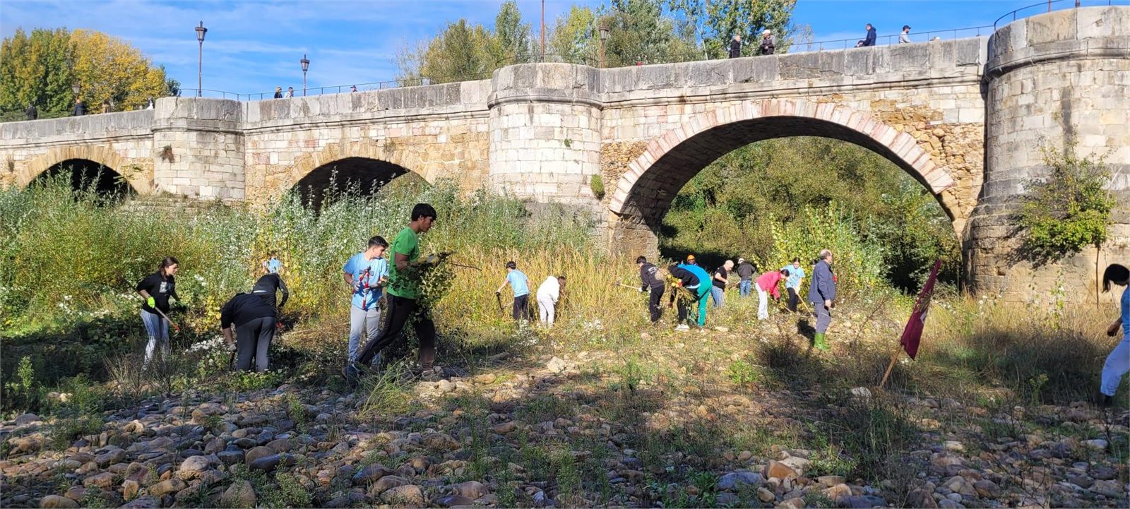 Estudiantes del IES Lancia desbrozando la ribera junto a un puente histórico